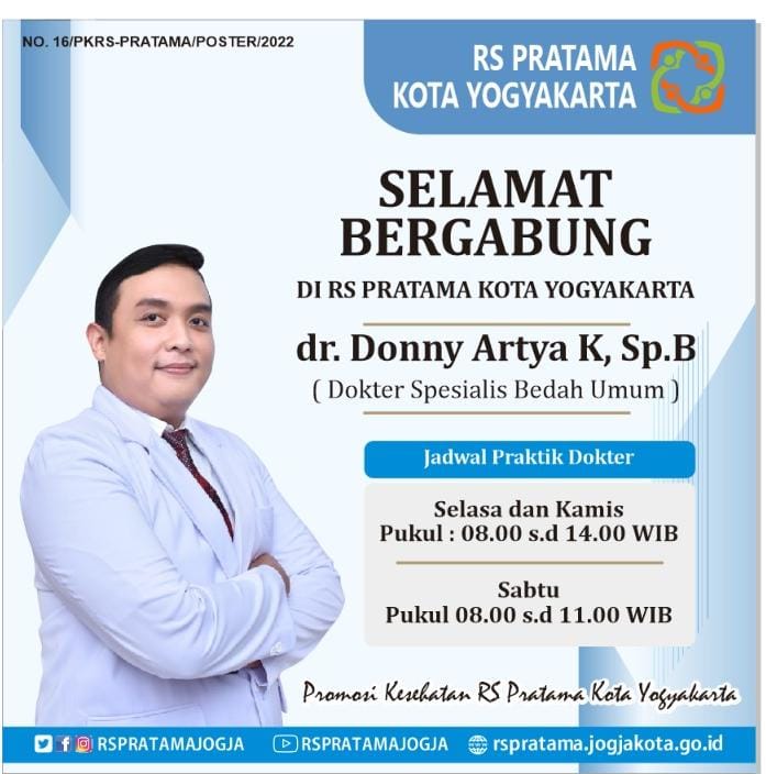 Selamat bergabung bersama kami di RS Pratama Kota Yogyakarta dr. Donny Artya K, Sp.B ( Dokter Spesialis Bedah Umum )